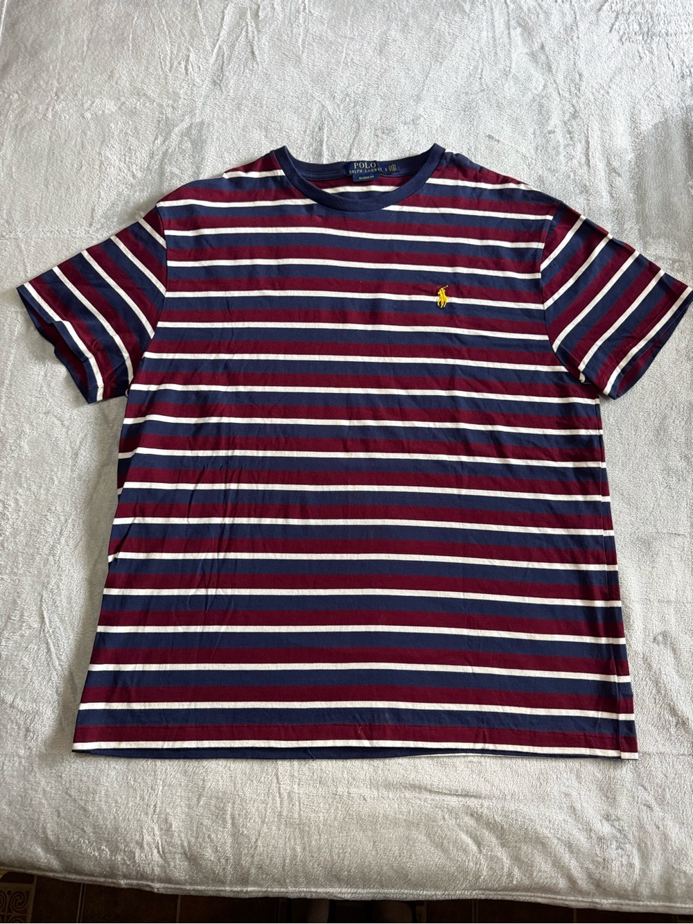 Ralph Lauren Navy and Burgundy Striped Short Sleeve Tee with Yellow Polo